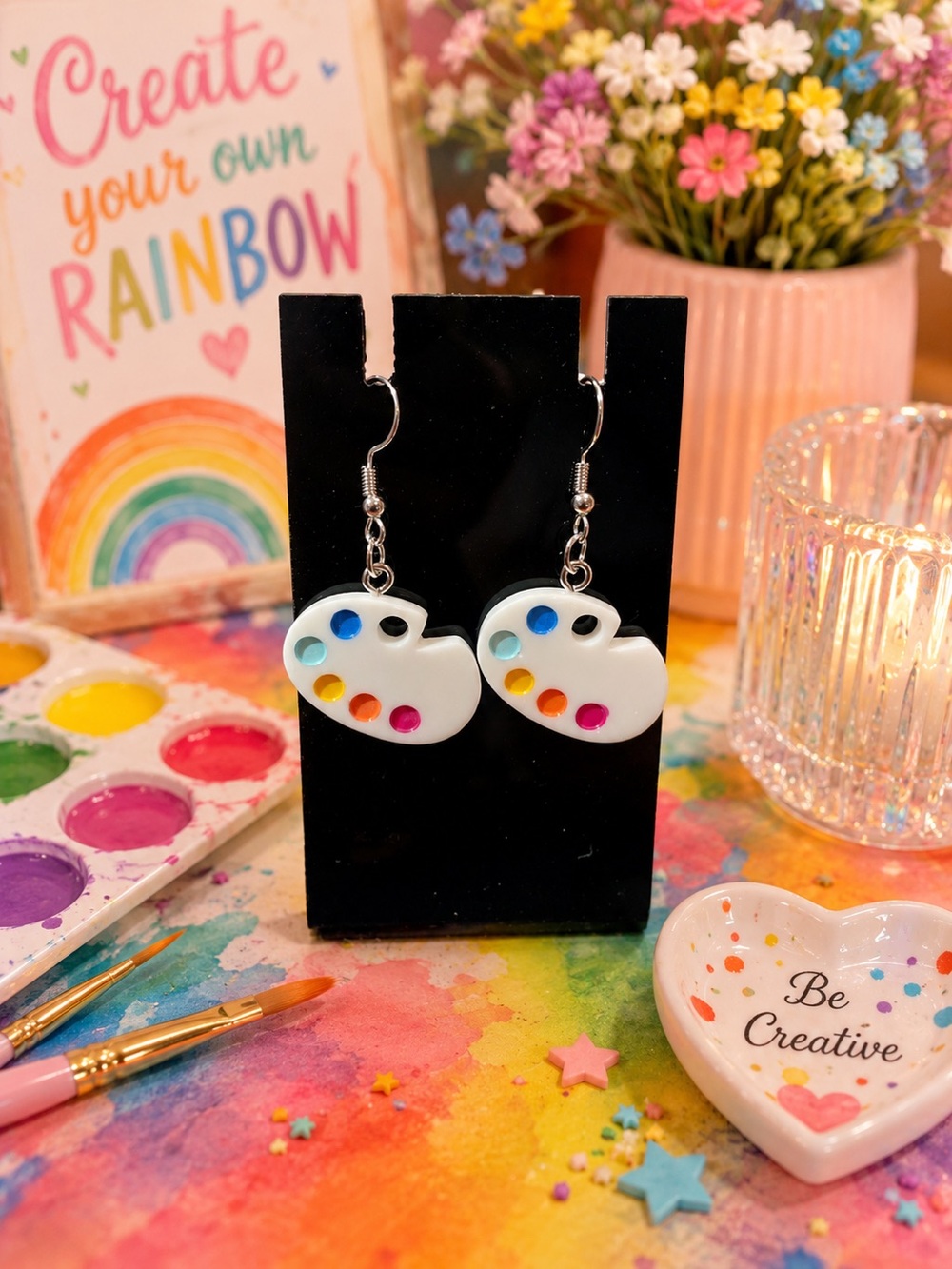 White Artist Palette Dangle Earrings with Rainbow Paint Dots